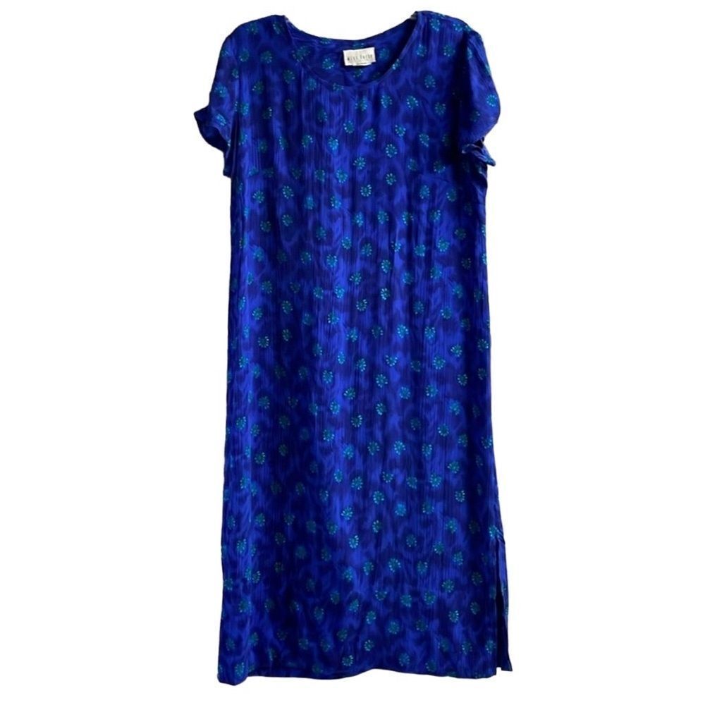Miss Dorby Navy Blue Teal Floral Shift Dress Cottagecore Boho Midi Retro